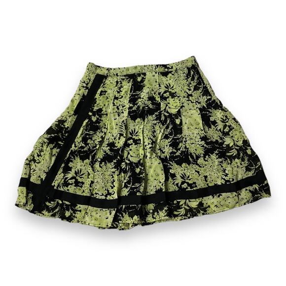 Yoana Baraschi Floral Mini Skirt Small Green Black Pleated Rayon Y2K Skater Punk - Picture 1 of 16